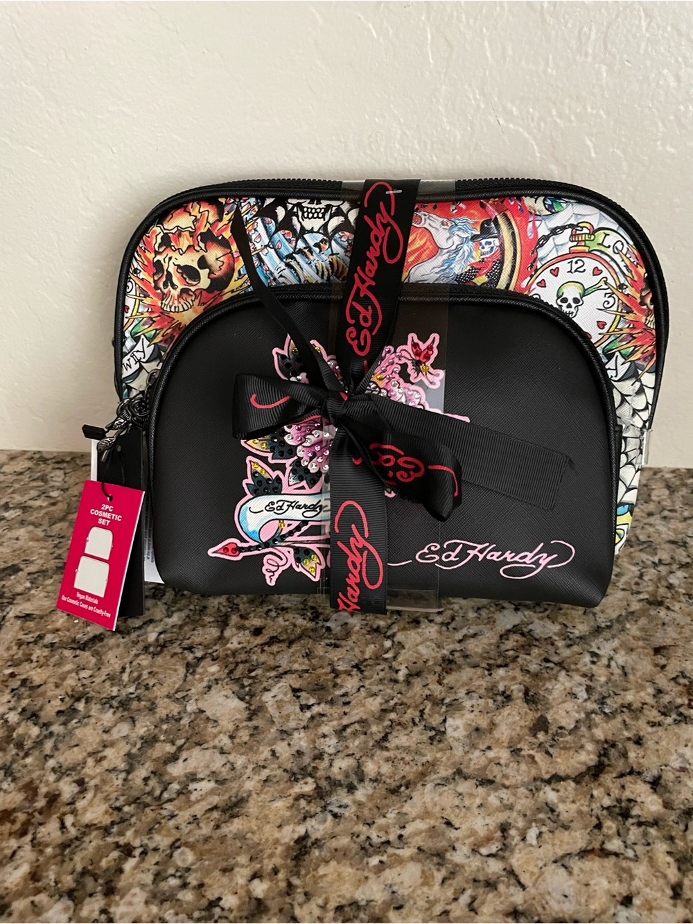 Ed Hardy Black Cosmetic Bag Set with Multicolor Tattoo Graphics